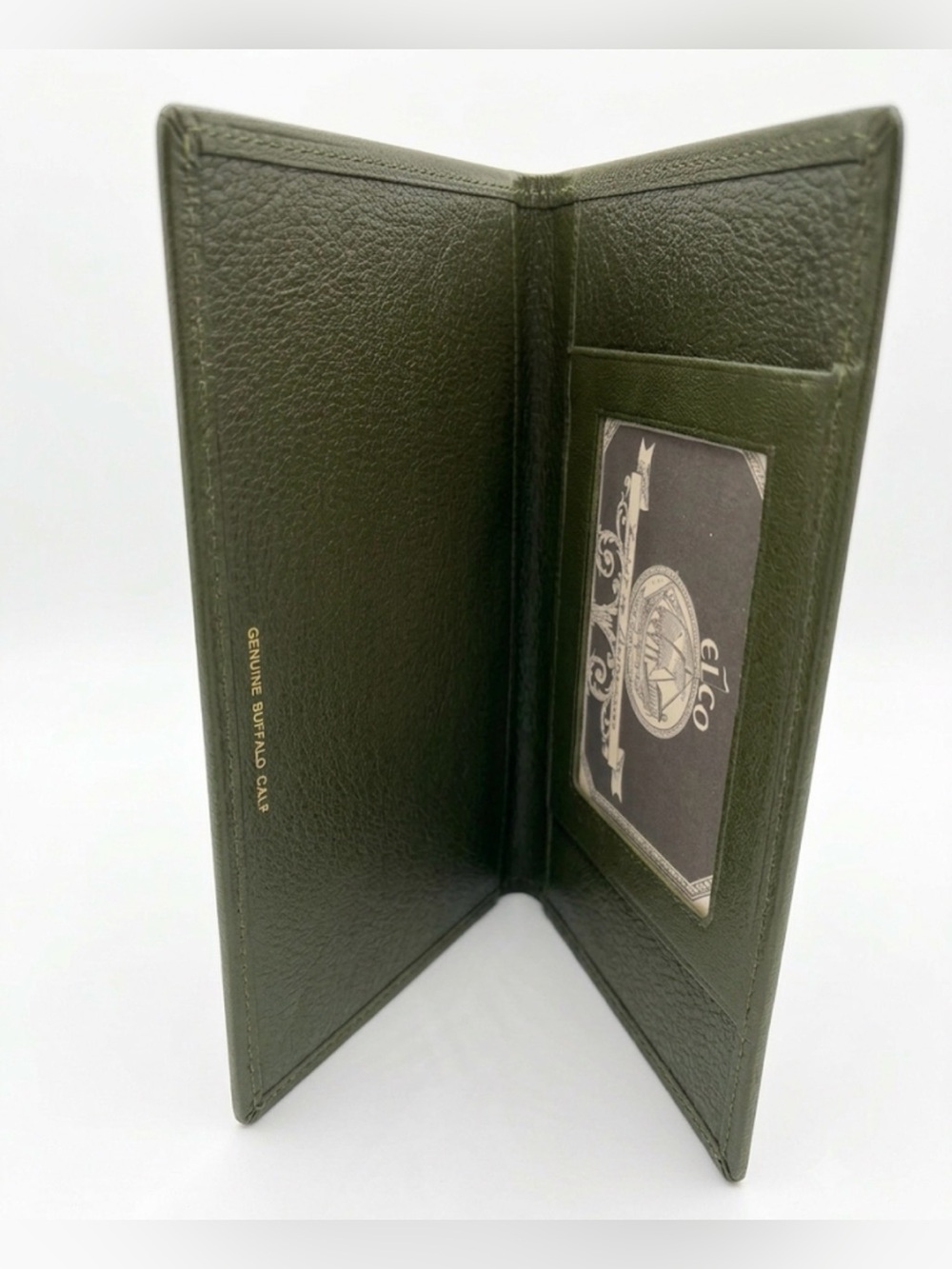 Vintage Slim Bifold Wallet in Olive Green‎ Genuine Buffalo Calf Leather